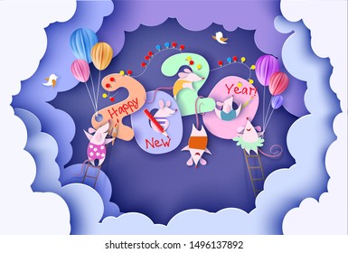 2020 New Year design card with rats mouses in clouds on purple background. Vector illustration. Paper cut and craft style.