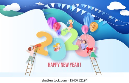 2020 New Year design card with kids on blue winter background. Vector illustration. Paper cut art and craft style.