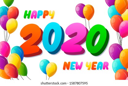 2020 New Year design card with f air balloons flying on white background. Vector graffiti art illustration. Bubble style.2020 Banner.