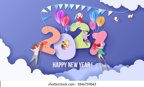 2020 New Year design card with kids on sky background with clouds. Vector illustration. Paper cut and craft style.