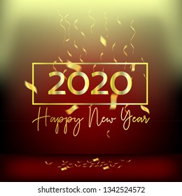 2020 new year design red curtains and ribbons, design illustration stage light - vector template Happy New Year banner gold numbers greeting card , calendar , flyer, landing page