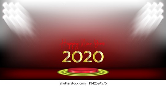 2020 new year design red curtains and ribbons, design illustration stage light - vector template Happy New Year banner gold numbers greeting card , calendar , flyer, landing page