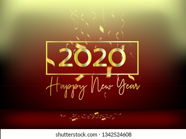 2020 new year design red curtains and ribbons, design illustration stage light - vector template Happy New Year banner gold numbers greeting card , calendar , flyer, landing page