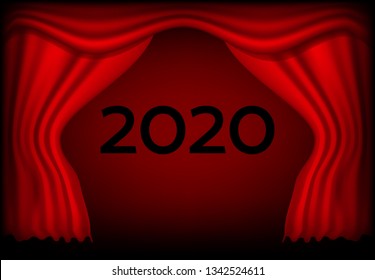 2020 new year design red curtains and ribbons, design illustration stage light - vector template Happy New Year banner gold numbers greeting card , calendar , flyer, landing page