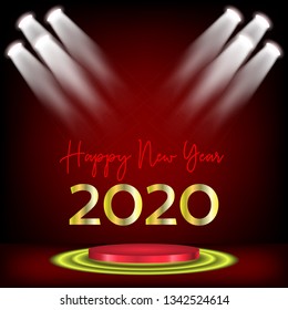 2020 new year design red curtains and ribbons, design illustration stage light - vector template Happy New Year banner gold numbers greeting card , calendar , flyer, landing page