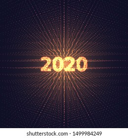 2020 new year digital perspective grid with glowing stars. Futuristic infinity illusion of depth. Abstract background for poster, banner, web design or ads. Vector illustration