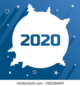 2020 New Year emblem. Creative design for holiday greeting gift poster. Flat landscape with star and snow flake. Vector illustration. Round template with christmas tree and numbers.