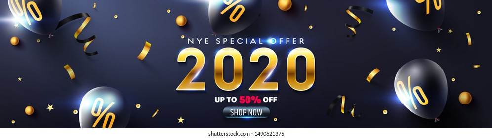 2020 New year eve Promotion Poster or banner with glitter texture,black balloons, golden ribbon and confetti.Promotion or shopping template for Christmas in golden and black style.Vector EPS10