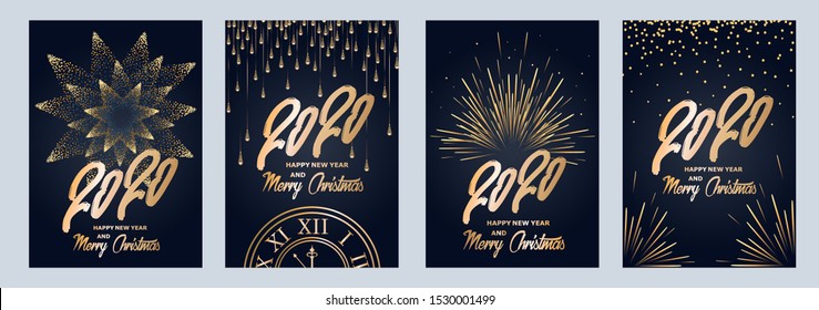 2020 new year. Fireworks, golden garlands, sparkling particles. Set of Christmas sparkling templates for holiday banners, flyers, cards, invitations, covers, posters. Vector illustration.