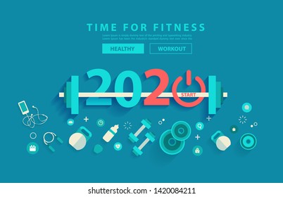 2020 new year fitness concept workout typography alphabet design with equipment. Vector illustration flat modern layout template