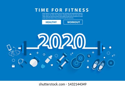 2020 new year fitness concept workout typography alphabet design with equipment. Vector illustration flat modern layout template