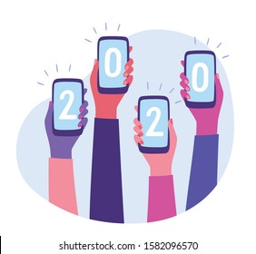 2020 new year, the future is here. Diverse group of people together in celebration. sharing the future on internet. vector illustration.