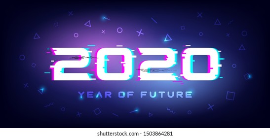 2020 New Year with glitch effect in future style. Greeting or invitations card with fluorescent geometric background for your seasonal holiday flyers, poster and banner.Vector illustration.