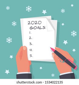 2020 new year goal. Man holds a sheet in hand with a plan for next year. Business motivation with text plan action in notepad. Vector flat design. Isolated on background white stars and snowflakes.
