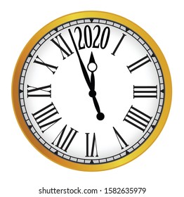 2020 New Year gold classic clock on white background. Vector illustration.