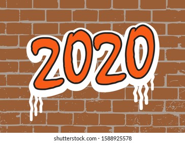 2020 New Year. 2020 graffiti on brick wall background. Design for calendar, seasonal holidays flyers, greeting cards, invitations, christmas themed congratulations or print. Vector illustration. 