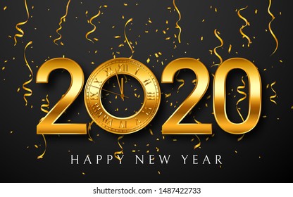 2020 New Year greeting card with golden clock on black background. Vector illustration.