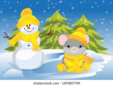 2020 New Year greeting card. Year of the rat. Vector illustration.