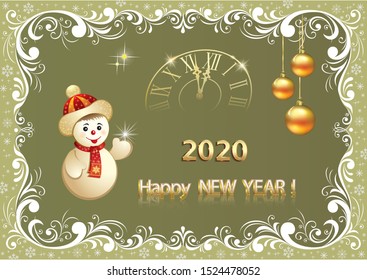 2020 New Year greeting card with cheerful snowman on background with clock, balls in frame with beautiful ornament. Vector illustration
