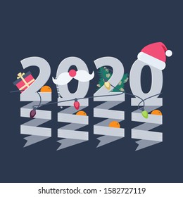 2020 New Year greeting card design with Christmas lights, a gift, robin, tree and antlers
