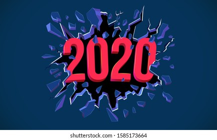 2020 New Year greeting card. 3D text. Black crack in the blue wall. Web banner, Flyer, background, poster for New Year's 2020 Eve Party celebration. Dinamic background.