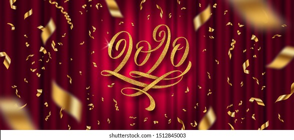 2020 New Year greeting design. Glitter gold flourishes calligraphic 2020 year logo and golden confetti on a red curtain background. Vector illustration. Can be used for greeting card, invitation, cale