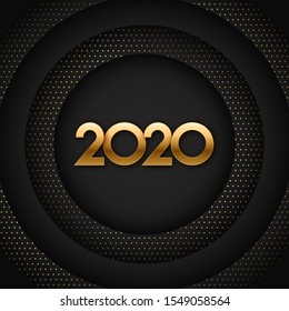 2020 new year greeting design with gold numbers on round black background elements with halftone golden dots