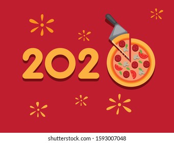 2020 new year greeting inscriptions in typhography with pizza ornament. in red background. flat illustration editable vector