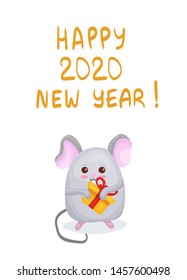 2020 New Year hand written lettering. Kawaii rat in cute cartoon style with Christmas gift. Vector illustration on white for Christmas banners, Happy New Year posters, party invitation concept design.