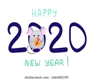 2020 New Year hand written lettering. Kawaii rat in cute cartoon style with Christmas gift. Vector illustration on white for Christmas banners, Happy New Year posters, party invitation concept design.
