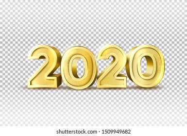 2020 new year holiday element on transparent background. 2020 realistic golden numbers. Traditional winter holiday, greeting card vector design. Clearance and winter discounts design