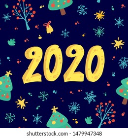 2020 New Year holiday, fest vector seamless pattern. Decorated fir trees, snowflakes, star on dark blue background. Christmas banner with cheese numbers, winter season wallpaper, wrapping paper design