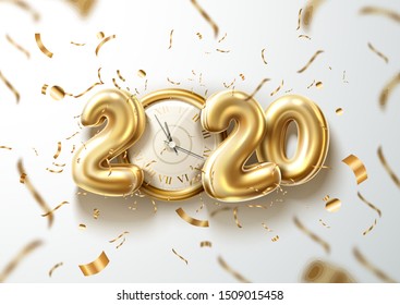 Afiche de Año Nuevo 2020. 2020 globos dorados con reloj circular realista y confeti. Vacaciones tradicionales de invierno, diseño vectorial de tarjetas de felicitación. Elemento de diseño de compensación y descuentos de invierno.