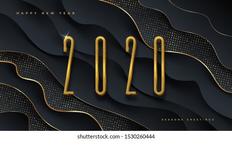 2020 new year illustration. Greeting design with golden  number of year on a abstract black layered background with golden halftone pattern. Design for greeting card, invitation, calendar, etc.