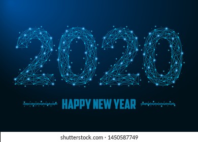 Ilustración de Año Nuevo 2020 hecha por puntos y líneas, malla poligonal alambrada en el cielo nocturno, fondo azul oscuro. Tarjeta de felicitación baja. Vector.