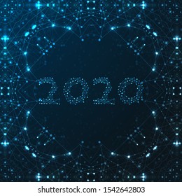 2020 New Year illustration made by points and lines, polygonal wireframe mesh on night sky, dark blue background. Low poly greeting card. Vector.