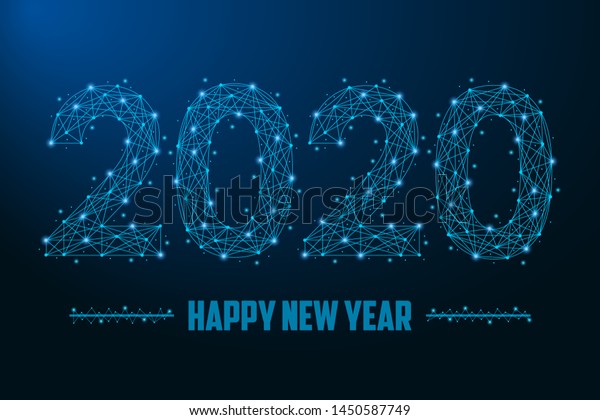 2020 New Year illustration made by points and lines, polygonal wireframe mesh on night sky, dark blue background. Low poly greeting card. Vector.