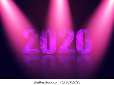 2020 New Year. inscription in the searchlights and its reflection. Vector illustration
