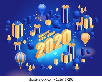 2020 New Year isometric vector banner template. Traditional winter holiday celebration concept. Packing gifts and flying hot air balloons on blue background. Christmas greeting card design