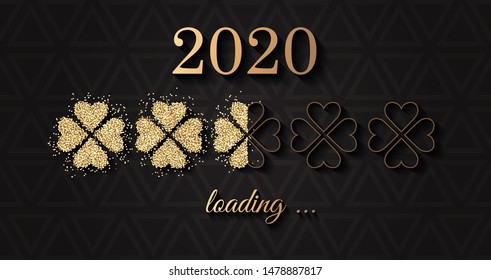 2020 new year loading bar. Golden glitter four leaf clover vector background. 