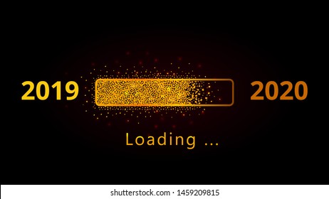 2020 New Year loading golden glitter progress bar with red sparkles isolated on black background. Holiday banner, poster, greeting card or invitation template. Copy space.