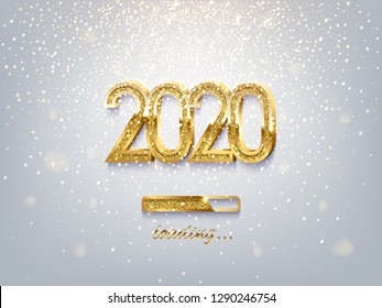 2020 New Year loading luxury template. Vector golden 2020 New Year loading sparkling sign under falling golden snow