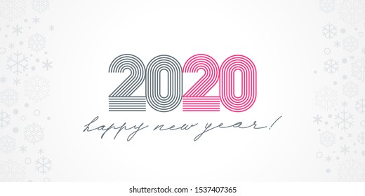 2020 new year logo with calligraphic holiday greeting on a white background with snowflakes. Design for greeting card, invitation, calendar, etc.