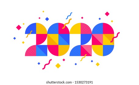 Logotipo do ano novo de 2020 composto de formas geométricas. Design de saudação com número multicolorido de ano. Projeto para cartão de saudação, convite, calendário, etc.