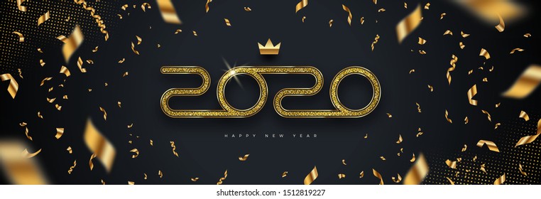 2020 new year logo. Greeting design with number of year and golden confetti on a black background. Design for greeting card, invitation, calendar, etc.