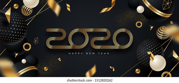 2020 new year logo. Greeting design with golden  number of year and black and gold abstract shapes. Design for greeting card, invitation, calendar, etc.
