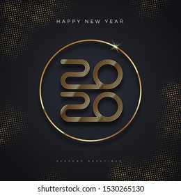 2020 new year logo. Greeting design with golden  number of year on a halftone background. Design for greeting card, invitation, calendar, etc.
