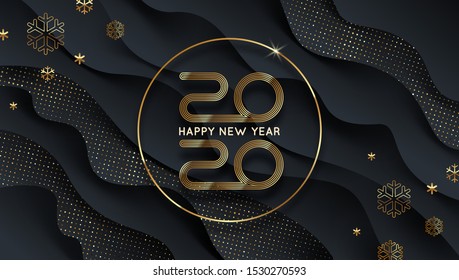 2020 new year logo. Greeting design with golden  number of year and snowflakes on a abstract black layered background. Design for greeting card, invitation, calendar, etc.