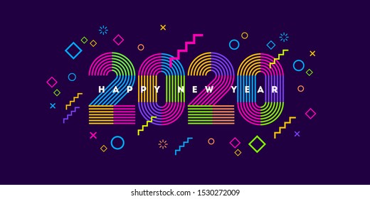 2020 new year logo. Greeting design with multicolored number of year and abstract shapes. Design for greeting card, invitation, calendar, etc.