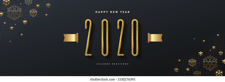 2020 new year logo. Greeting design with golden  number of year, ribbon and snowflakes. Design for greeting card, invitation, calendar, etc.